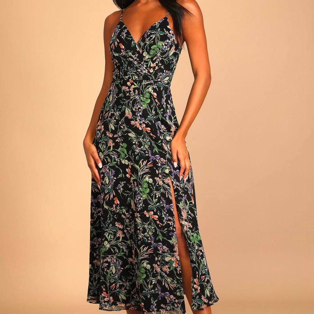 Lulu's Black Multi Floral Print Midi Dress
